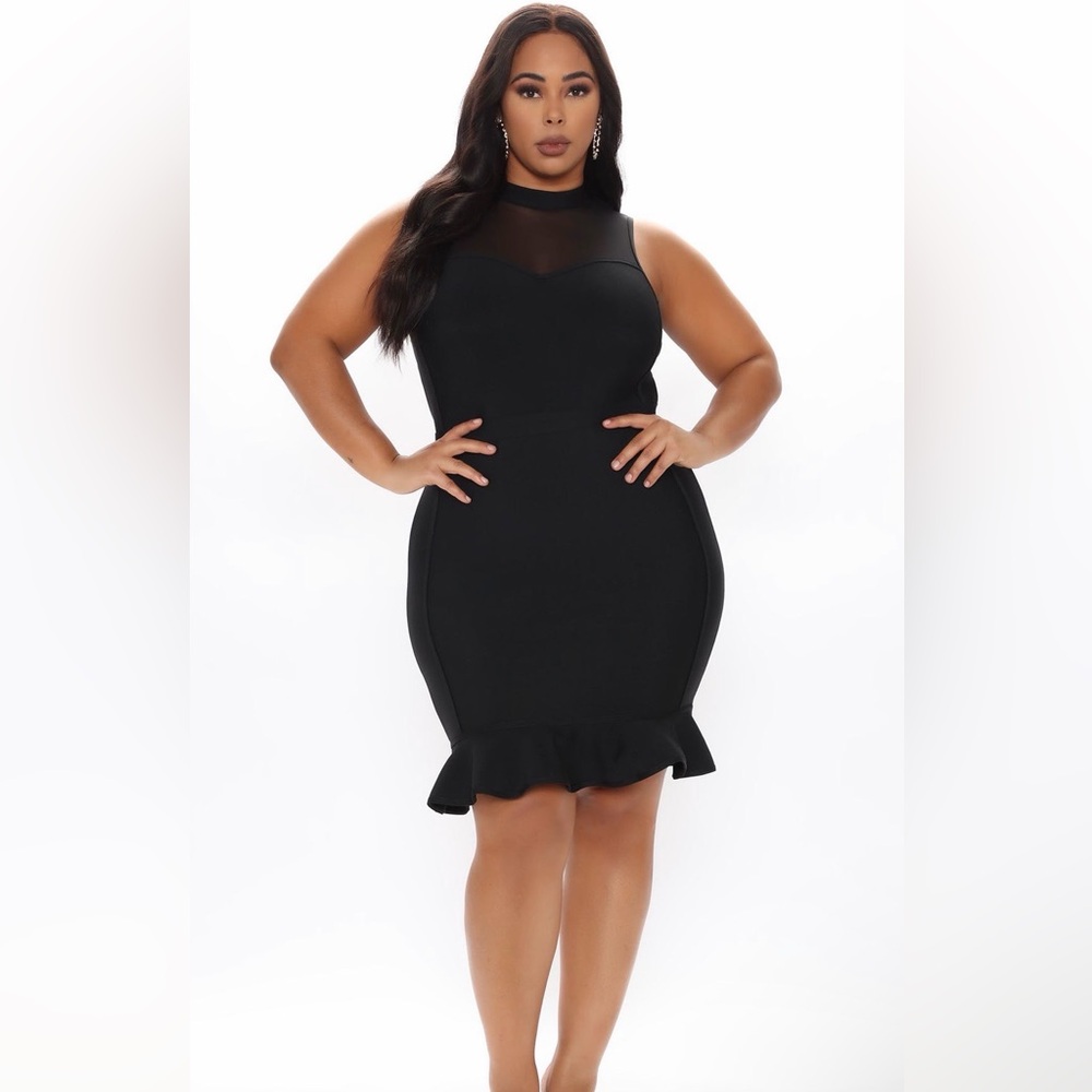 Fashion Nova Black Sheer Yoke Ruffle-Hem Bodycon Dress